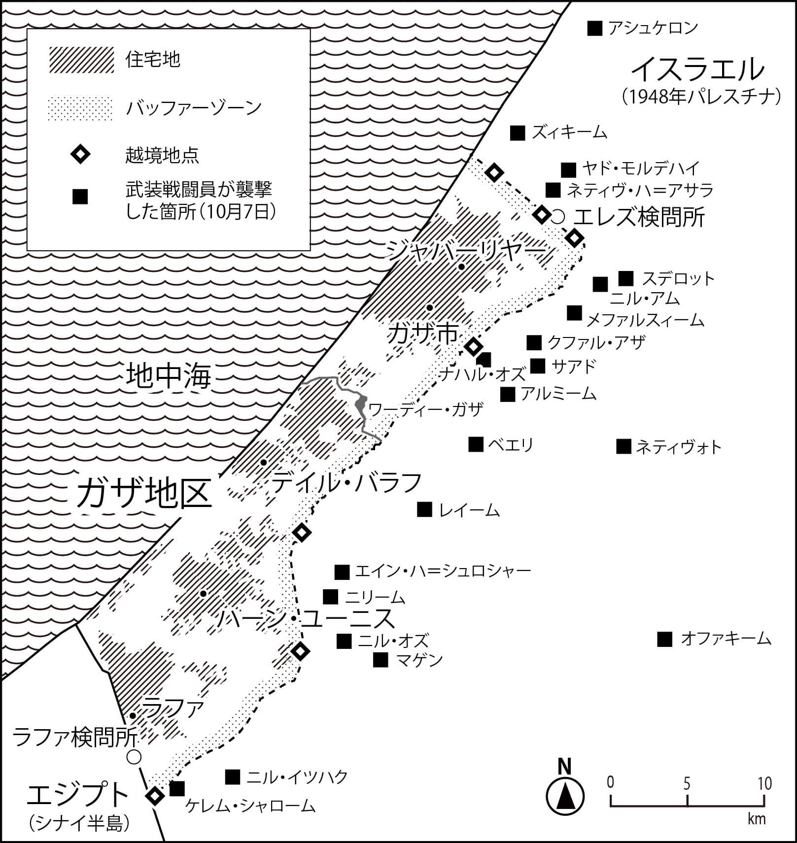 ガザ地区と周辺のイスラエル市街地